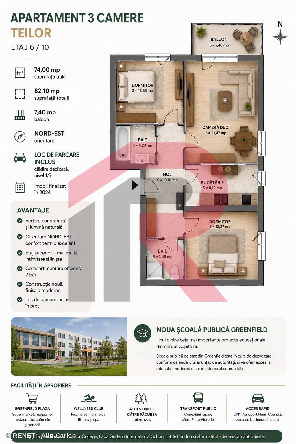 APARTAMENT 3 CAMERE GREENFIELD TEILOR - ETAJ 6/10 VEDERE PANORAMICĂ — fotografia 12 din 18